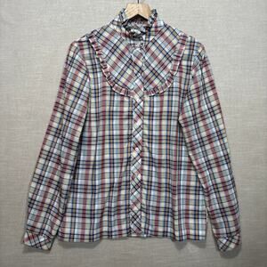 John Matthew Plaid Ruffle Collar Button Shirt L Long Sleeve Western Retro READ